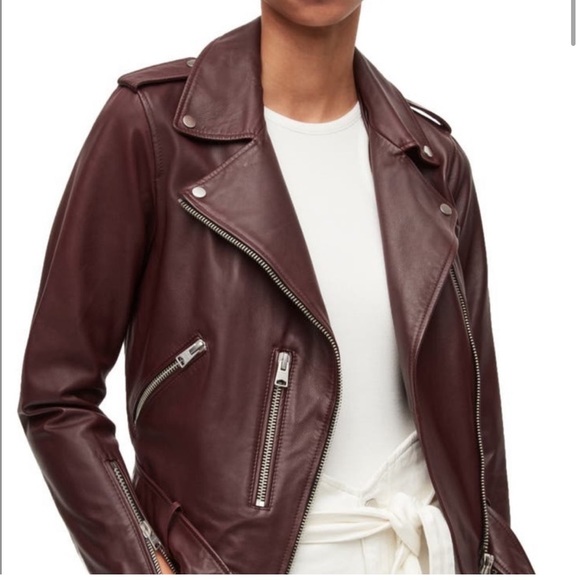 All Saints Balfern Biker Leather Jacket in Deep Berry - Picture 4 of 15